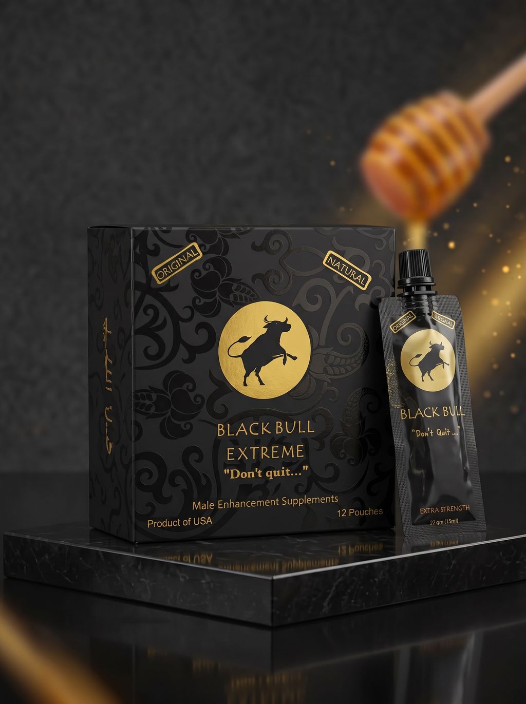 Black Bull Extreme Honey box with 12 premium male enhancement honey pouches on a black background